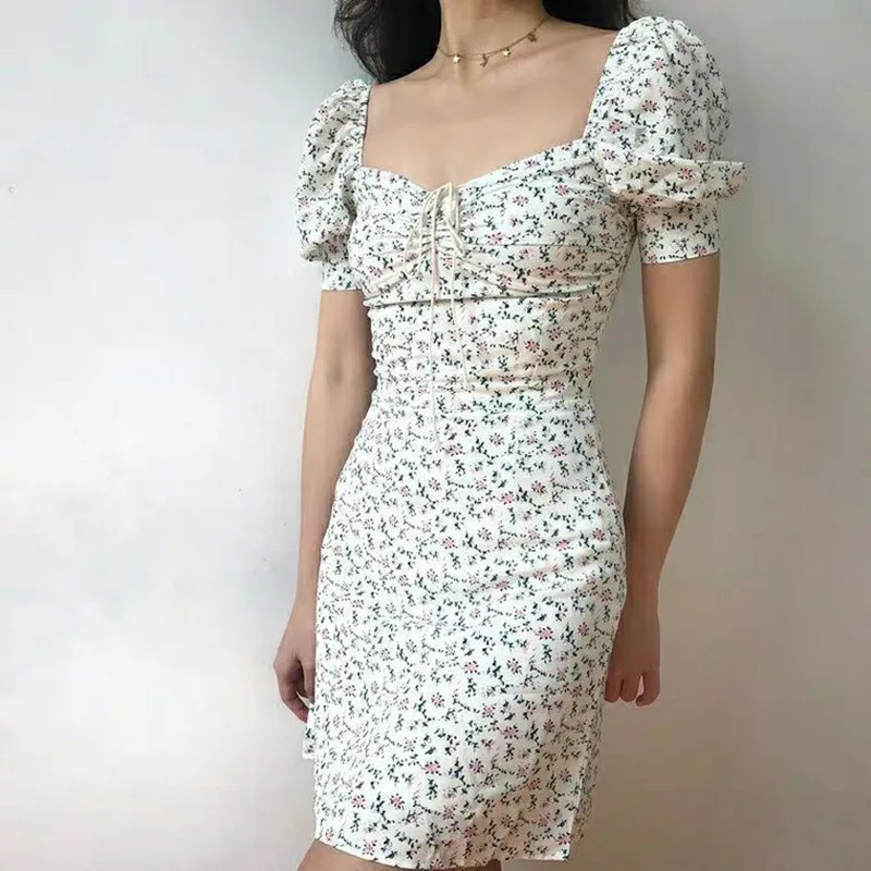 

Women Dress Retro Boho Print Dress Floral Mini Sexy White Elegant Puff Sleeve dress for women 2021 Summer Vestidos