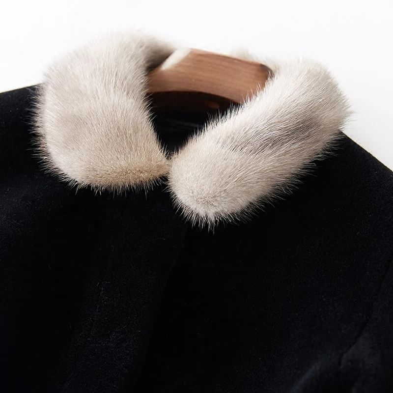 Женская шерстяная куртка с воротником из меха норки на осень и зиму Женское