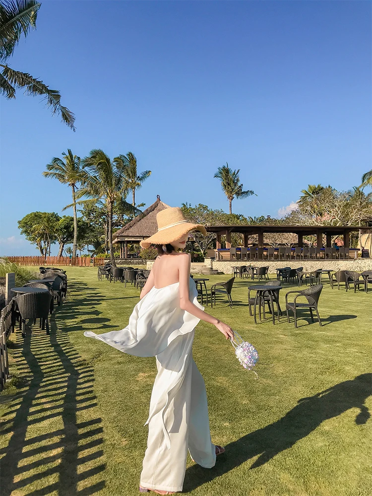 Комбинезон без бретелек Новинка лета 2020 пляжные праздничные белые длинные