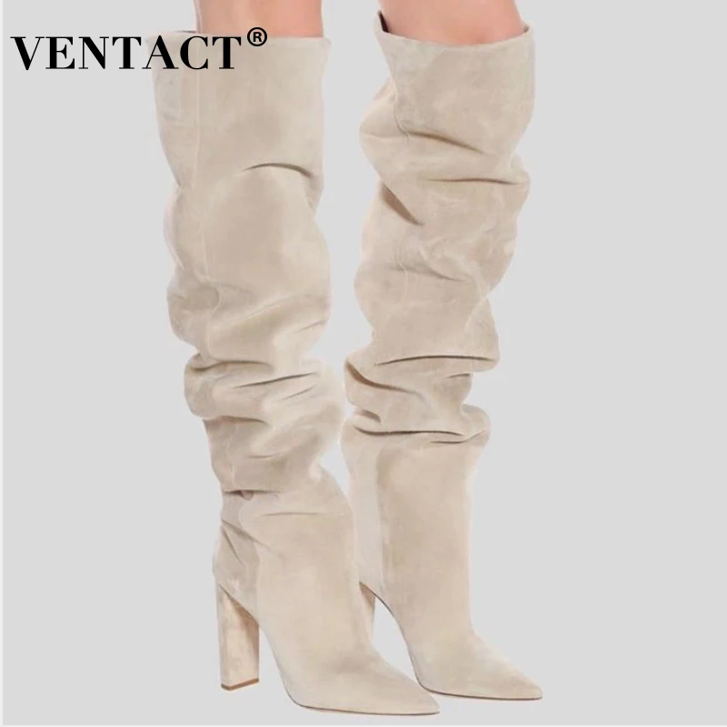 

VENTACT Size 34-43 New Women Shoes Knee High Boots Chunky High Heels Slip On Long Boot Pleated Fashion Female Footwear