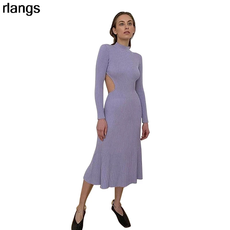 

Rulangs Elegant Backless Female Autumn knitting Dress Fashion Casual Bandage Ribbing Midi Dress Simple Long-Sleeve Activity Wear