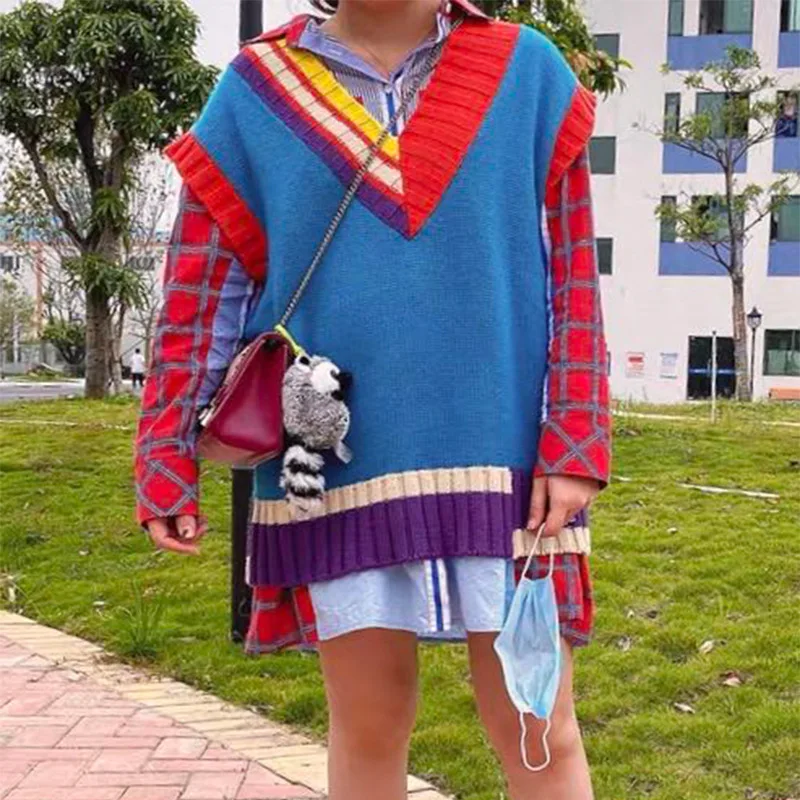 

Autumn Patchwork Loose Knitted Sweater Vest Women Trend Style Female Knitwear Ladies Winter Casual Pullover Female Clothes