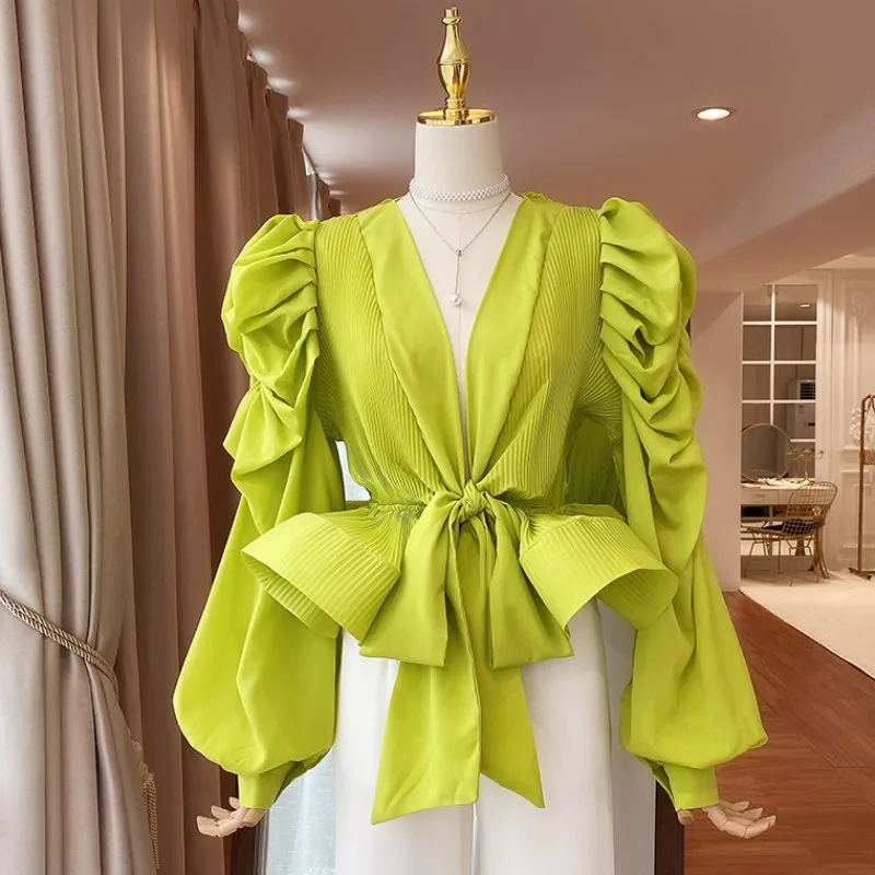 

Blusas Feminino Spring Summer Vintage Puff Sleeve Sexy V-Neck Ruffled Shirt Women Lace-Up Tunic Pleated Blouses Office Lady Tops