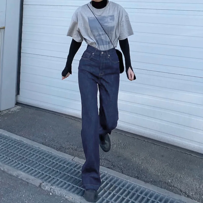 

Spring and Summer Street Hot Girl Open-Thread Bootcut Jeans, Ladies High-Waisted Cotton Blue Ordinary-Thick Trousers Are New