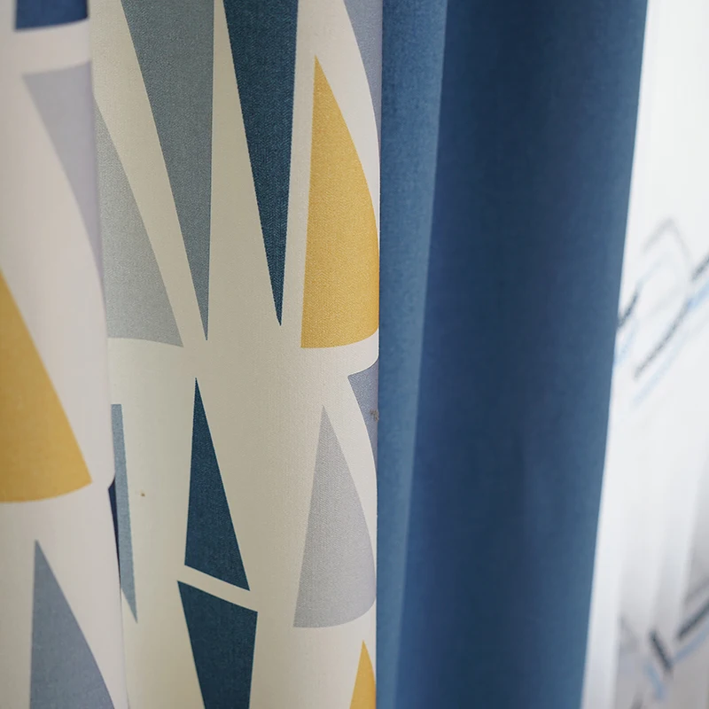 

Custom curtains Nordic cotton bedroom Splicing geometry blue diamond cloth livingroom blackout curtain tulle valance drape M972
