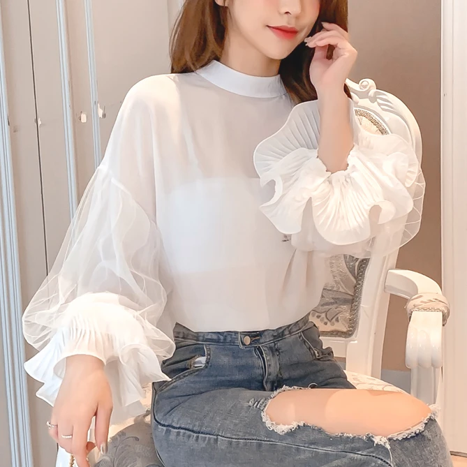

Korean Lantern Long Sleeve Chiffon Shirt New Women Tops Blouses Shirts 2021 Sexy Autumn Chiffon Mesh Female Pullover
