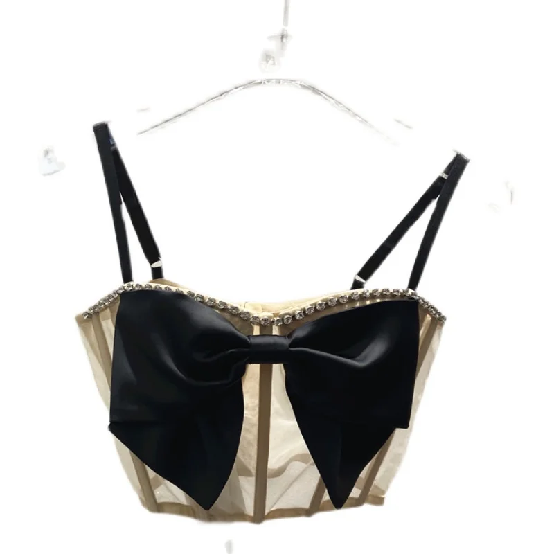 

[DEAT] 2021 Spring And Summer New Beaded Bowknot Black And Apricot Vest Female Suspender With Mesh Waistcoat Women Sexy GX1139