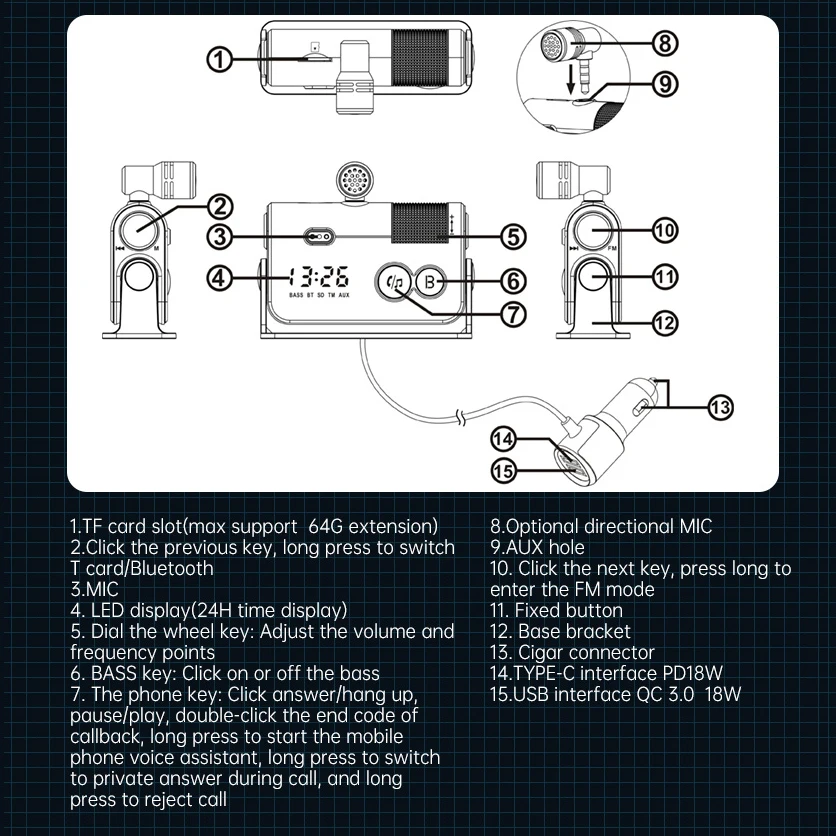 

Car Kit Bluetooth Adapter AUX Fm Modulator Transmitter Bluetooth Receiver Module Handsfree MP3 Player Stereo Audio Speakerphone