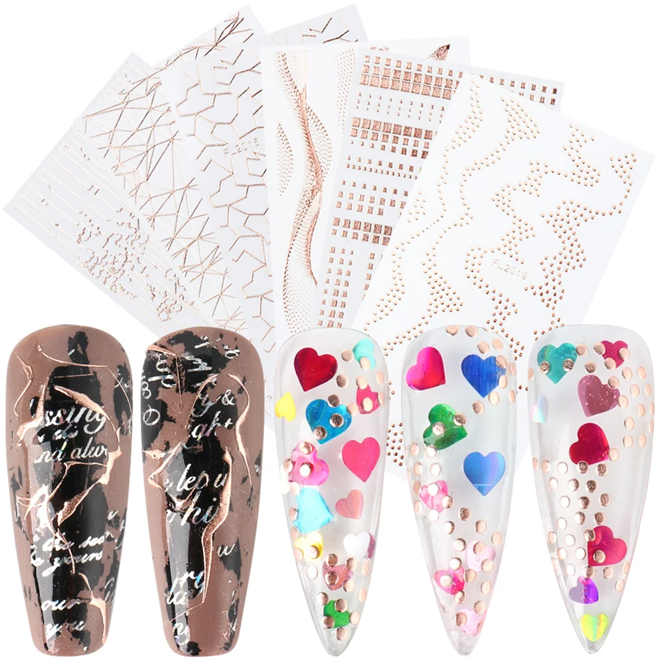 Изогнутые полосы линии 5д наклейки для ногтей розовое золото геометрические NTFL2013