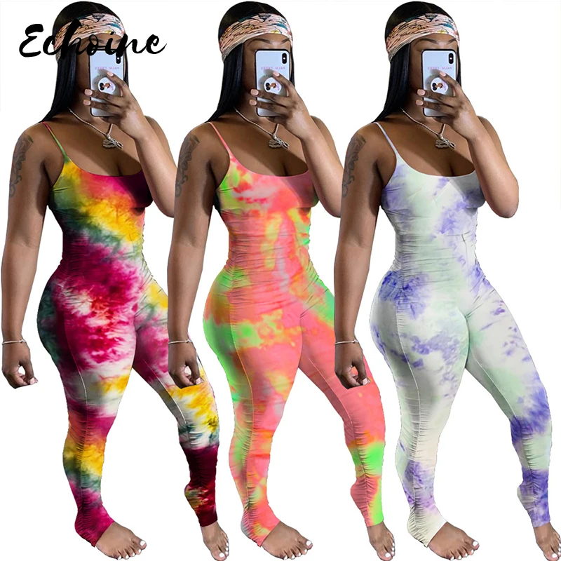 

Tie Dye Pint Sexy Strap Bodycon Stacked Ruched Pleated Jumpsuit Women Skinny Club Outfits Rompers One Piece Skinny Playsuit XXL