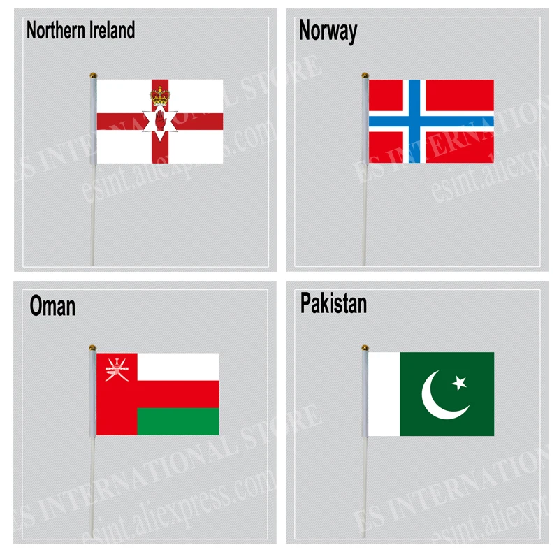 Hand Flag with Poles Northern Ireland Norway Oman Pakistan National Country 14*21cm Polyester Flying outdoor Banner customized