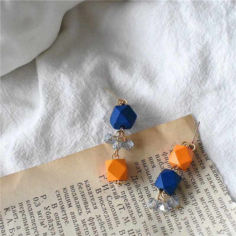 Винтажная Смешанная синяя желтая древесина бусины Серьги Хрустальная подвеска