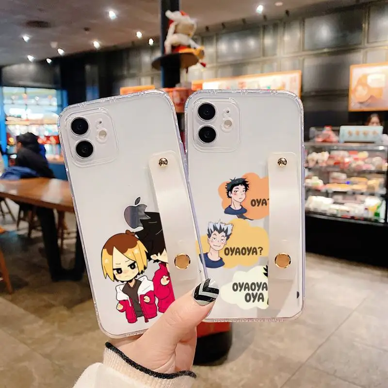

Oya Haikyuu Cute Anime Phone Case Wrist Strap For iPhone 7 8 11 12 X XS XR MINI Pro Max Plus Hand Band Transparent Clear funda