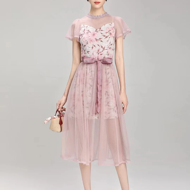 

2021 Designer Fashion Summer Dresses Women Rose Printed Bow Mesh Elegant Luxury Dresses