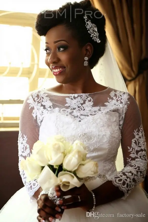 

Wonderful Long Sleeve Wedding Dress Lace Up Back Princess Puffy Bridal Gowns High Quality African Wedding Dresses Trouwjurk