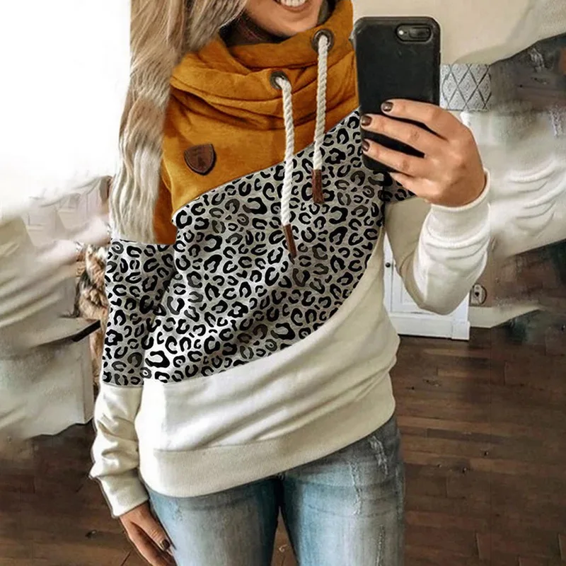 

2021 Gradient Patchwork Hooded Sweatshirt Women Drawstring Long Sleeve Harajuku Hoodie Autumn Winter Pocket Female Hoodie Tops