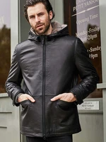 new mens cowhide coat mink fur overcoat black leather jacket hooded winter outerwear