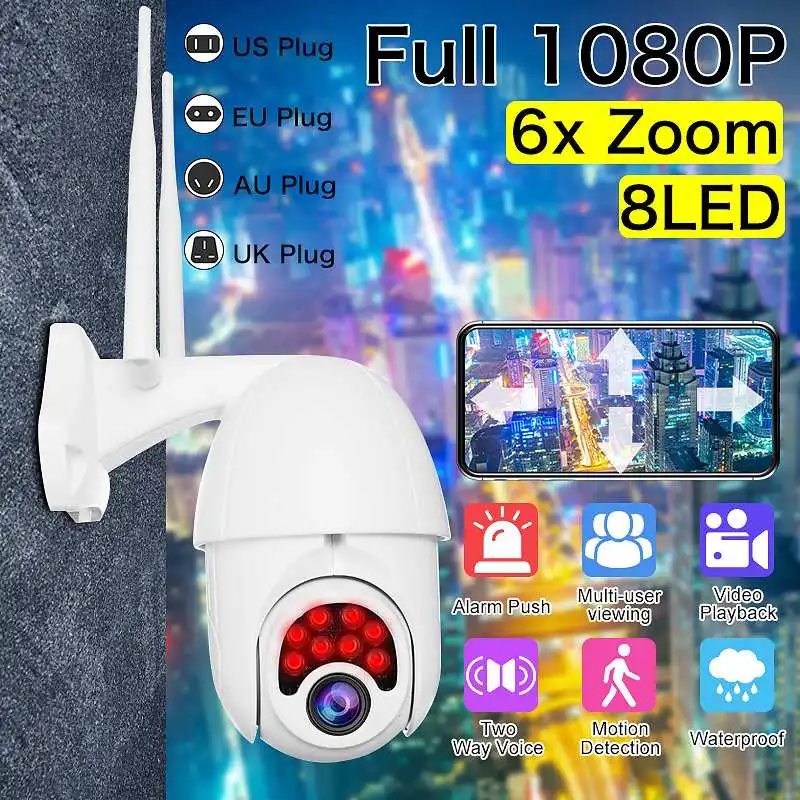 6x Zooom HD 1080P WI-FI IP Камера 8 светодиодный открытый безопасности Камеры Скрытого видеонаблюдения/Ночное видение/IP66 Водонепроницаемый/PTZ/2-полосная аудио