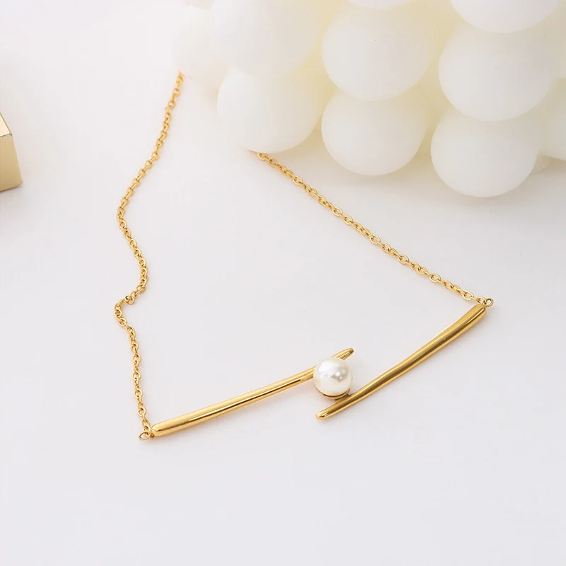 

Amaiyllis 18k Gold Minimalist Imitation Pearl Chopstick Pendant Necklace Light Luxury Long Chain Necklace Jewelry