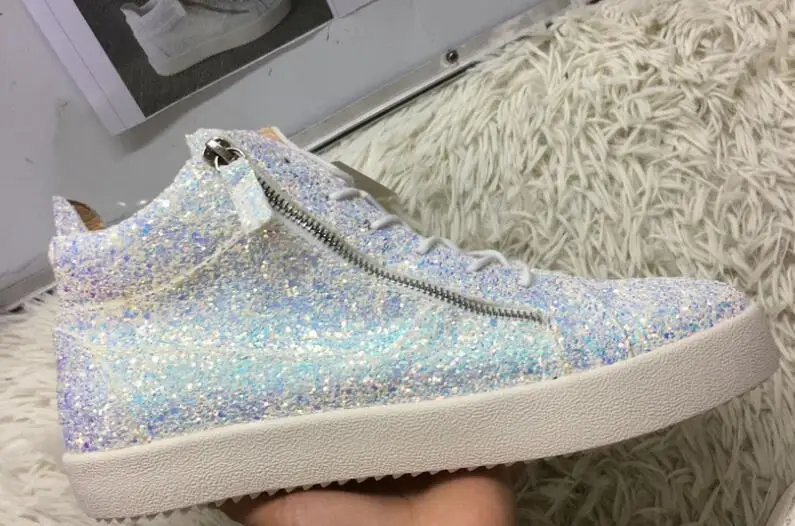 

New Sequin Men's Sneakers Round Toe Lace Up Zipper Casual Men Flats White Bling Bling High Top Leisure Style Chaussures Hommes