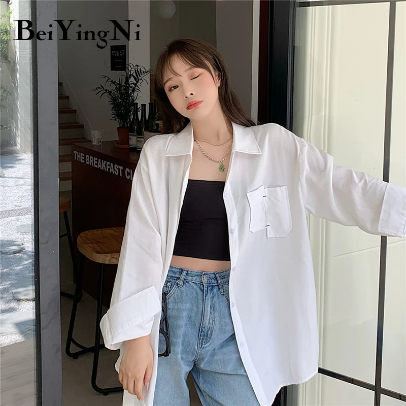 

Beiyingni Long Sleeve Shirts Female Cotton Casual Oversized White Tops Womens Blusas Black Korean BF Blouses Woman Camisas Mujer