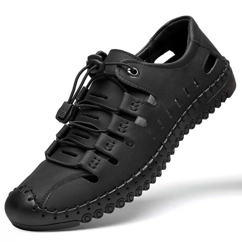 

Men's Sandals 2021 New Summer Wear Soft Sole Leather Toe Cap Hole Shoes Cowhide Casual Hollow Sandals