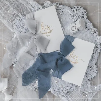 Light Gray Blue 2 шт романтическая свадебная открытка с шармезом, шифоновая лента "His Her wows", свадебные открытки, клятва, подарок для свадебного душа, Flatlays Prop - Цвет: Light Gray Blue