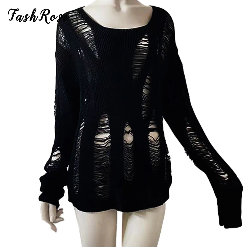 

FASHROSE Gothic Vintage Grunge Ripped Knit Sweaters Distressed Bone Long Sleeve Loose Pullovers Emo Alt See Through Women Jumper