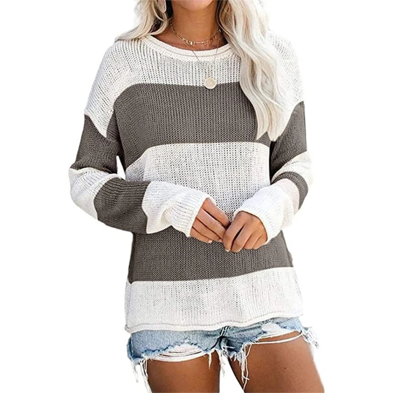 

Women Round Neck Long Sleeve Striped Color Block Knit Sweater Casual Pullover