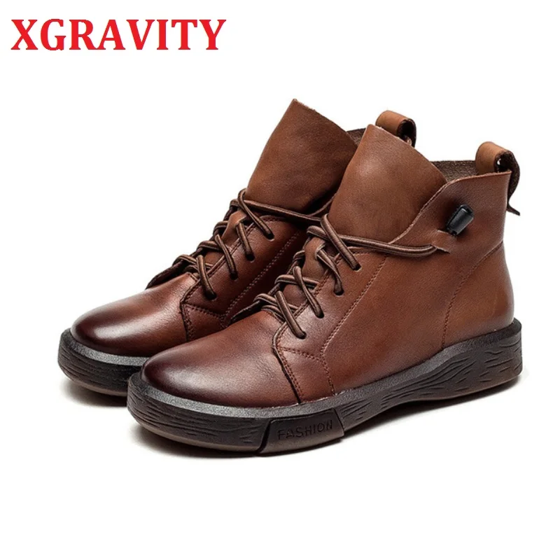 

XGRAVITY S131 2020 осень-зима женские сапоги кофейного цвета повседневная женская обувь ручной работы на плоской подошве короткие сапоги ботильоны