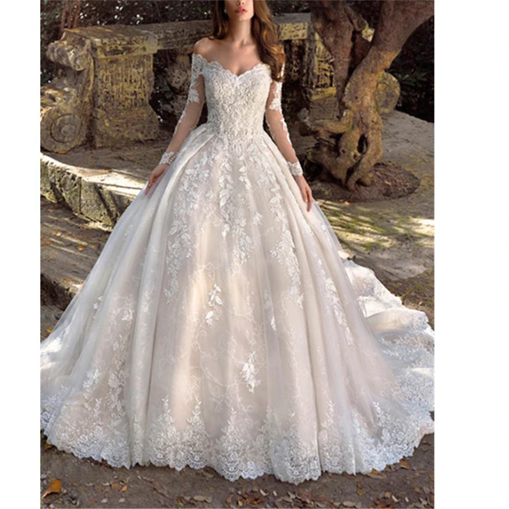 

Кружевное платье из тюля и кружева цвета слоновой кости, с длинными рукавами, иллюзионное бальное платье со шлейфом и открытыми плечами, свадебное платье