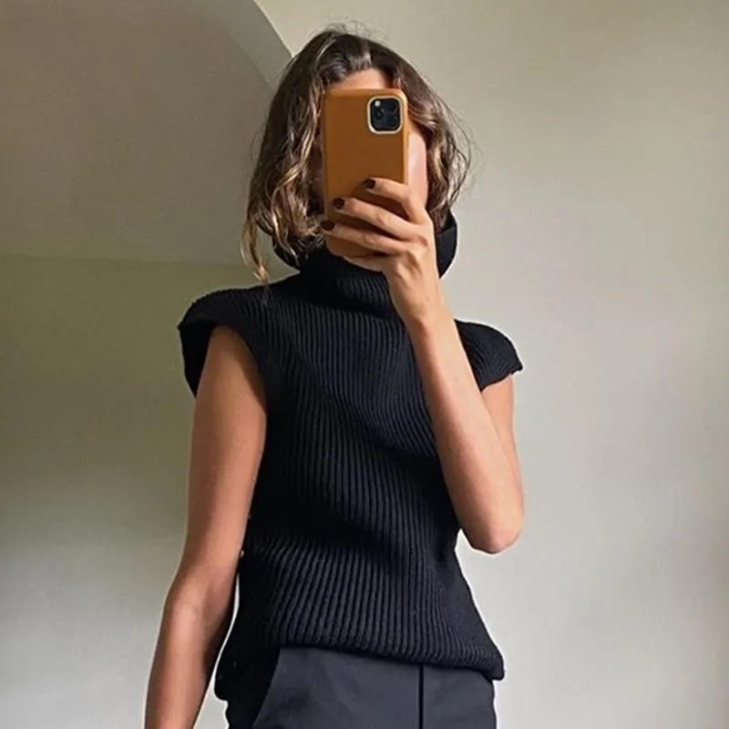 

Turtleneck Sleeveless Women Sweater Vest White Vintage Shoulder pads Pullover Knitted Loose 2020 Autumn Winter Casual Jumper