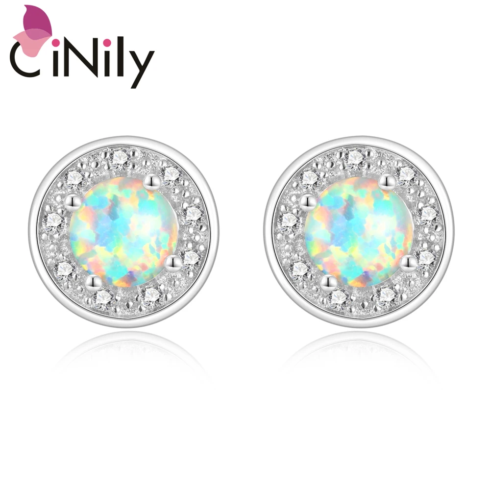 Женские серьги пусеты CiNily с белым огненным опаловым фианитом опт и розница 10 мм
