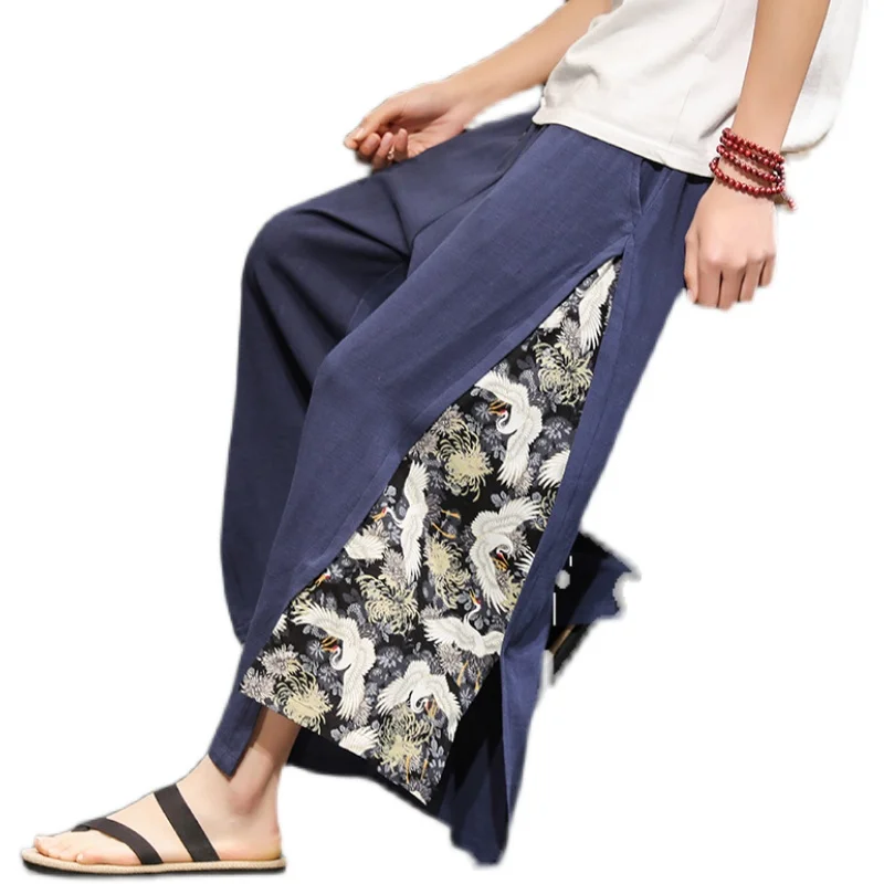 

Chinoiserie Patchwork Crane Print Wide-Leg Pants Cotton Linen Loose Plus Size Casual Trousers 2021 Summer Oversized Clothing