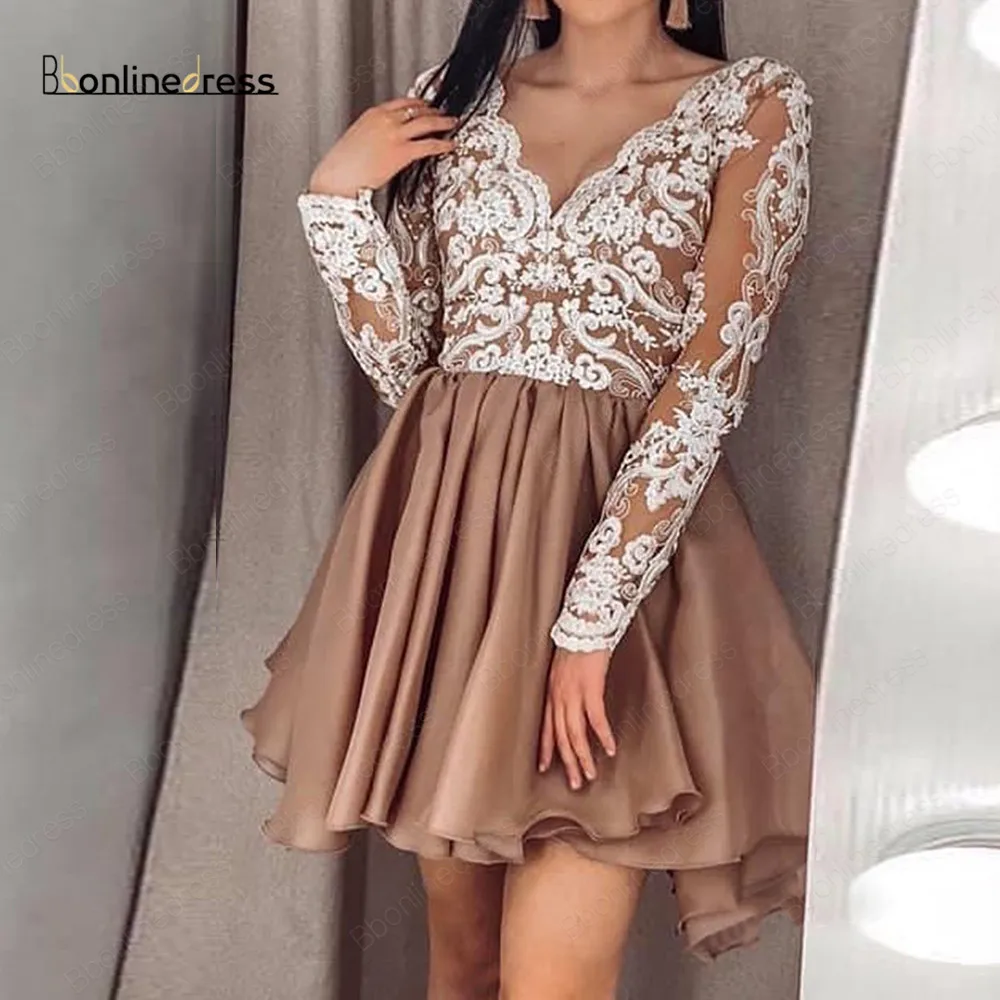 

Bbonlinedress платье для выпускного вечера с длинными рукавами и V-образным вырезом кружевные аппликации выше колена мини-платья для выпускного вечера платья
