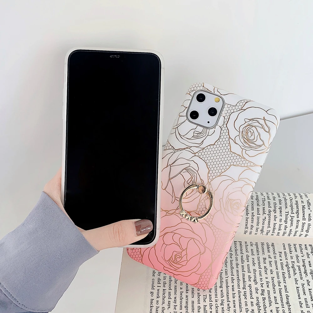 Для iPhone 11 Pro Max чехол Роза цветок золотой лист кольцо из ТПУ Стенд задняя крышка