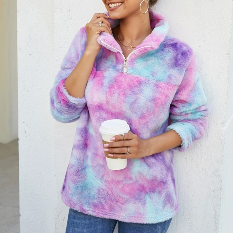 

2021 Women Fuzzy Plush Long Sleeve Sweatshirt 1/4 Zipper Stand Collar Pullover Tops Gradient Rainbow Tie-Dye Loose Shirts