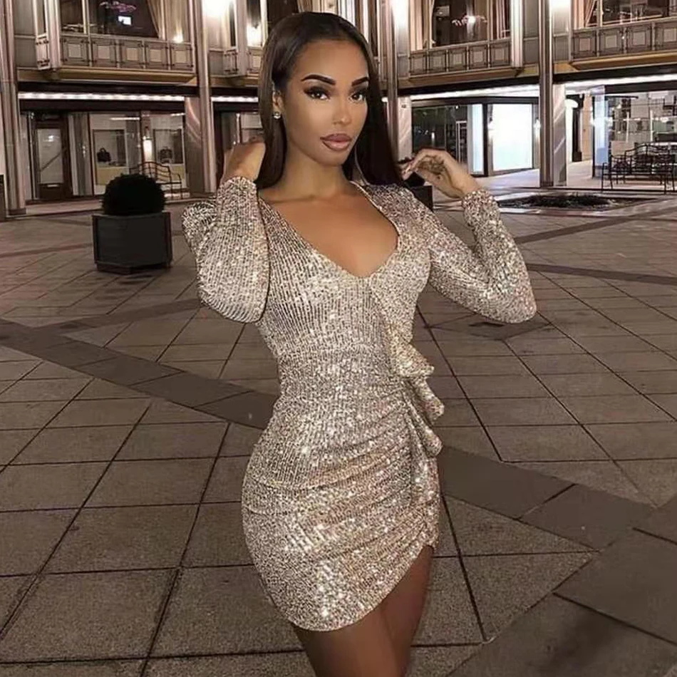 

Women Spring Sexy Long Sleeve V Neck Ruffles Mesh Sequins Glitter Lady Dress 2021 Designer Fashion Evening Party Dress Vestido