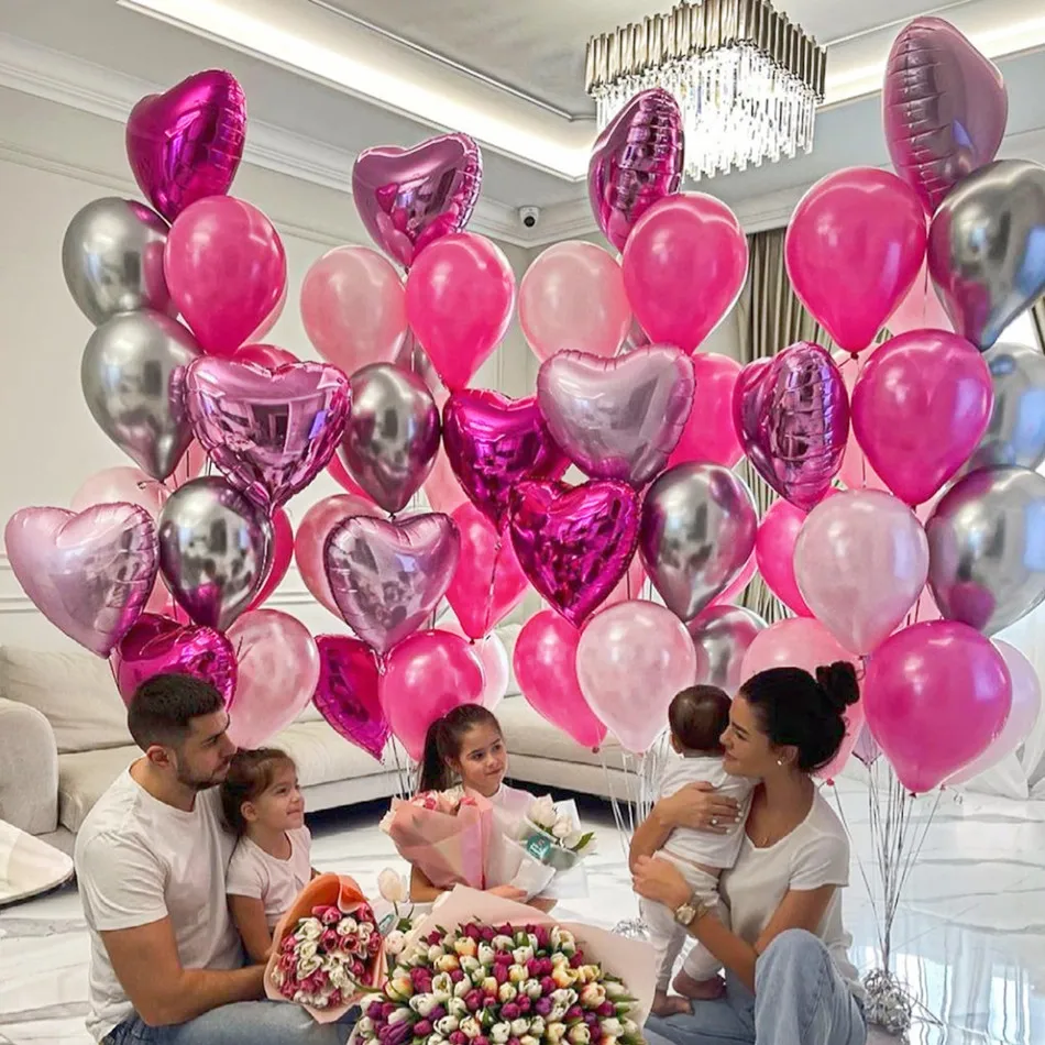 

10pcs/lot Pink Rose Heart Balloon Silver chrome Latex Wedding Decoration Balloons Birthday Party Decor Helium Valentines Balaos