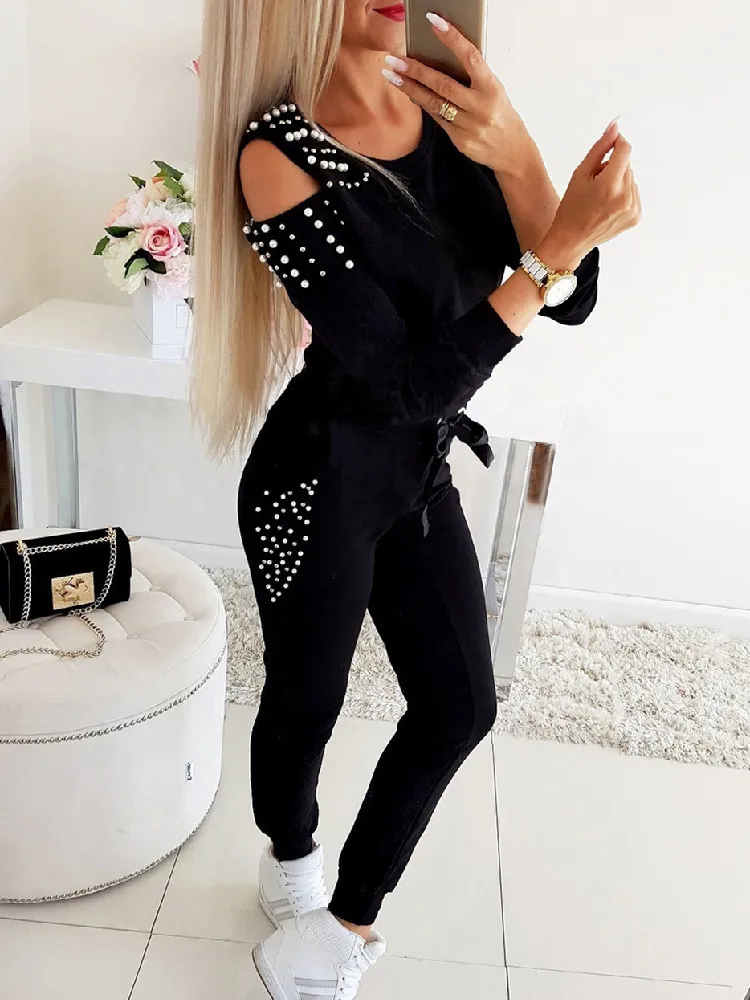 

Women Tracksuit Autumn Off-Shouder Tops High Waist Bandage Pants 2 Piece Set Lady Winter beads Long sleeve Suits