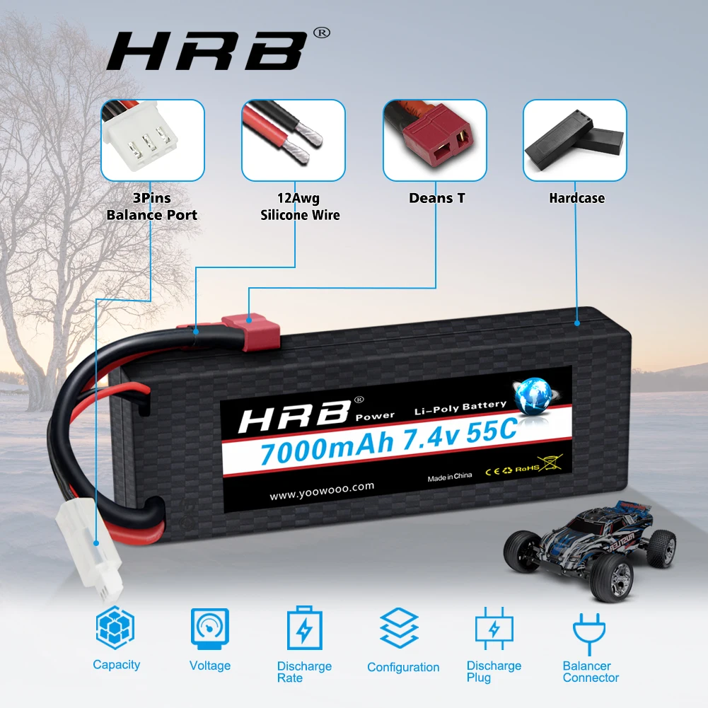 2 шт. HRB 2S Lipo Аккумулятор 7 4 в 7000 мАч 55C жесткий чехол с T-образной вилкой Deans для Traxxas
