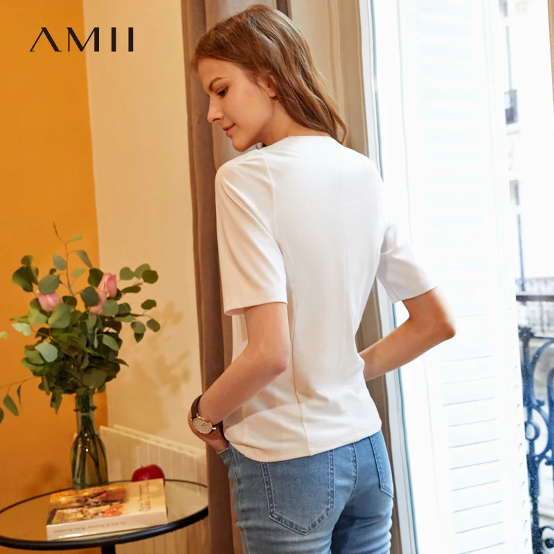 Amii весенне летние женские футболки с v образным вырезом повседневные однотонные