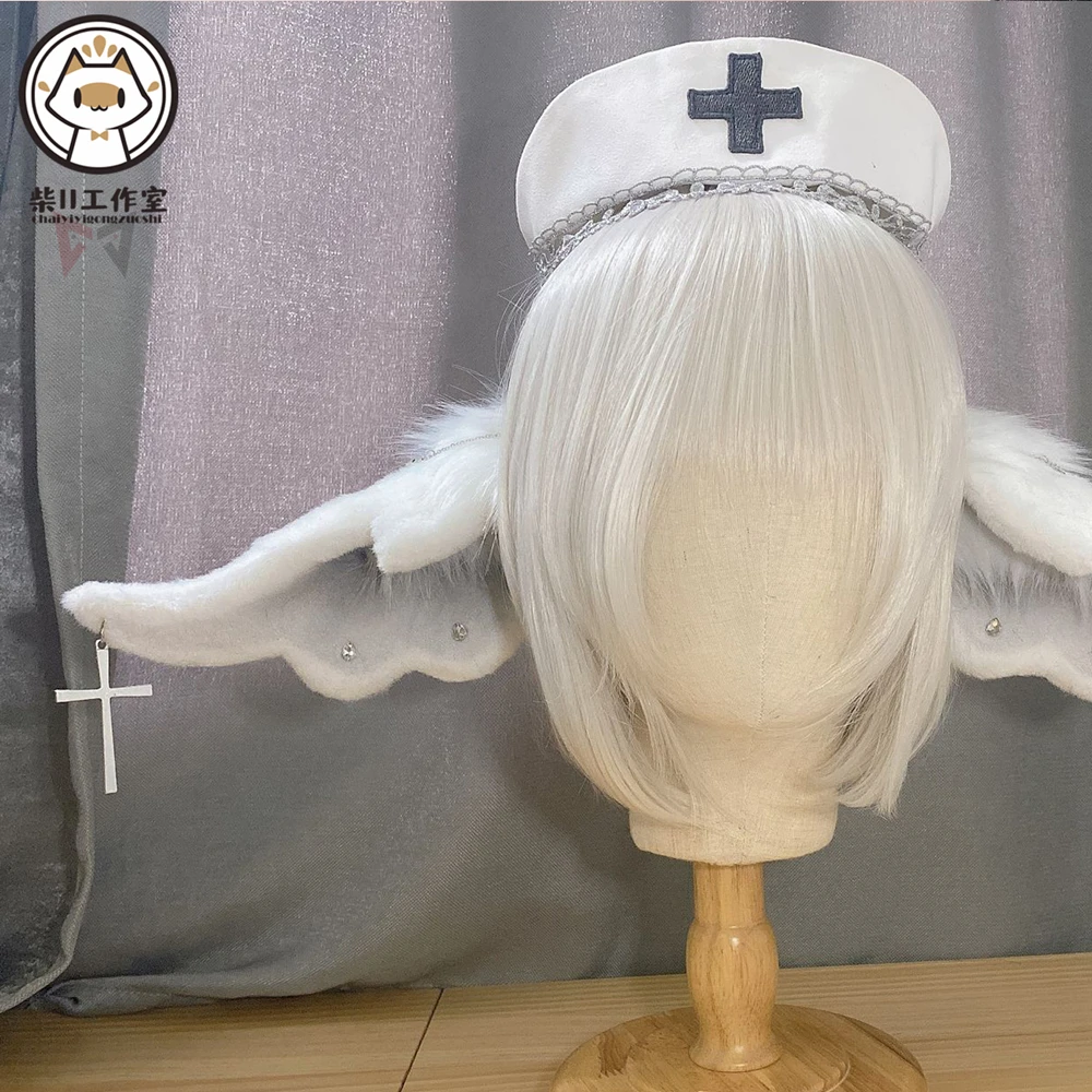 

New Nurse Cosplay Gray Neko Ears Hairhoop Angel Style Hat Earrings For Halloween Christmas Game Party Costume Accessories