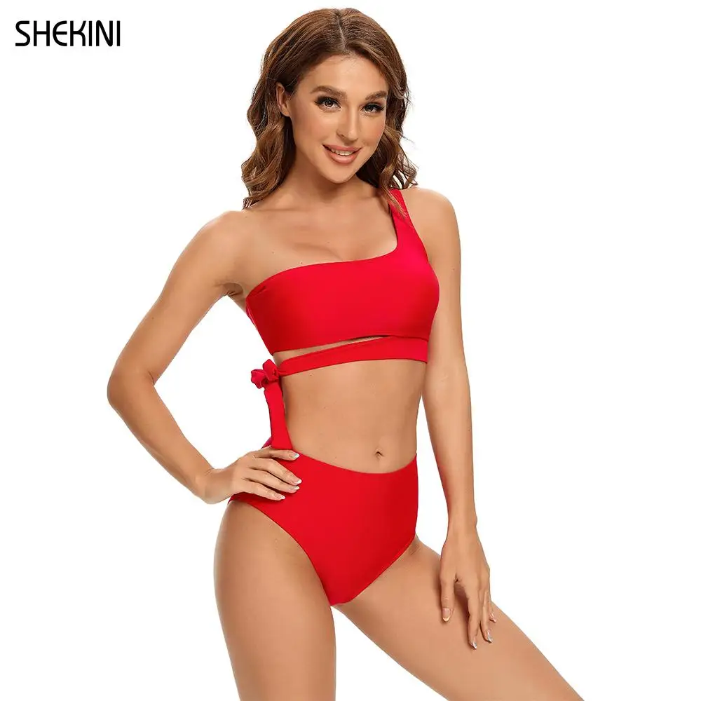 

SHEKINI Women's Criss Cross Bikini High Cut Bottom Scalloped One Shoulder Top Two Piece Swimsuits Sexy Bathing Suit Swimwear