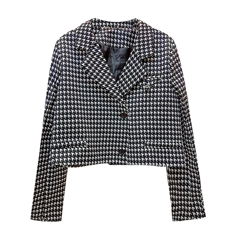

PERHAPS U Women Plaid Pocket Button Long Sleeve Notch Collar Blazer Short Cropped Single-breasted Houndtooth Chic C0330