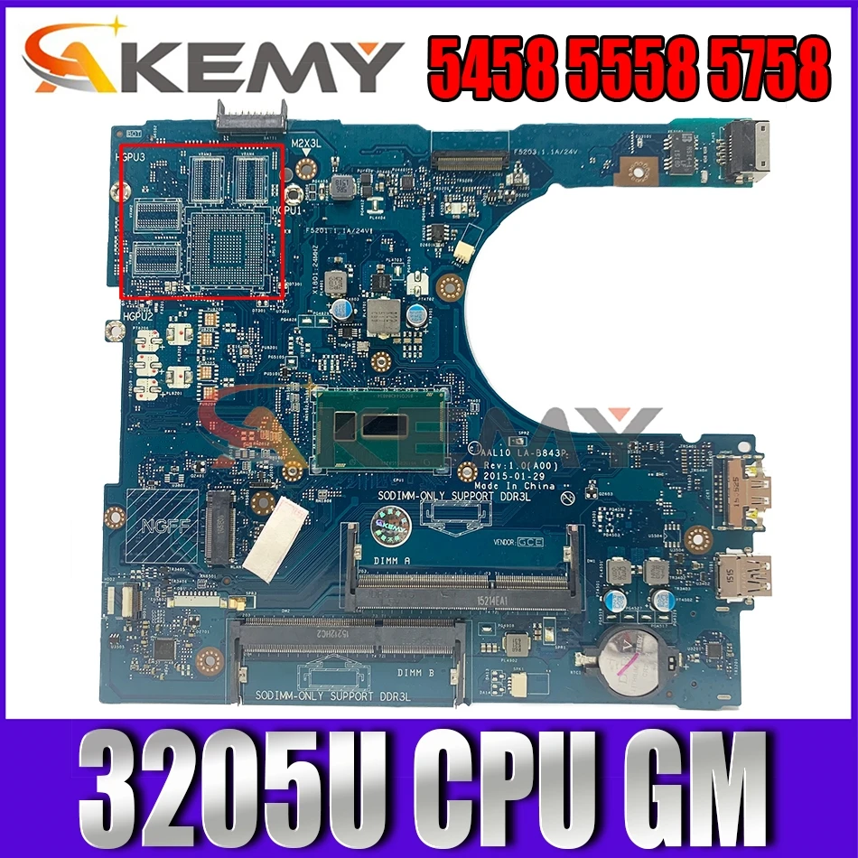 

Akemy CN-0NRNP9 NRNP9 FOR Dell INSPIRON 5458 5558 5758 Laptop Motherboard AAL10 LA-B843P REV:1.0(A00) 3205U Mainboard 100%tested