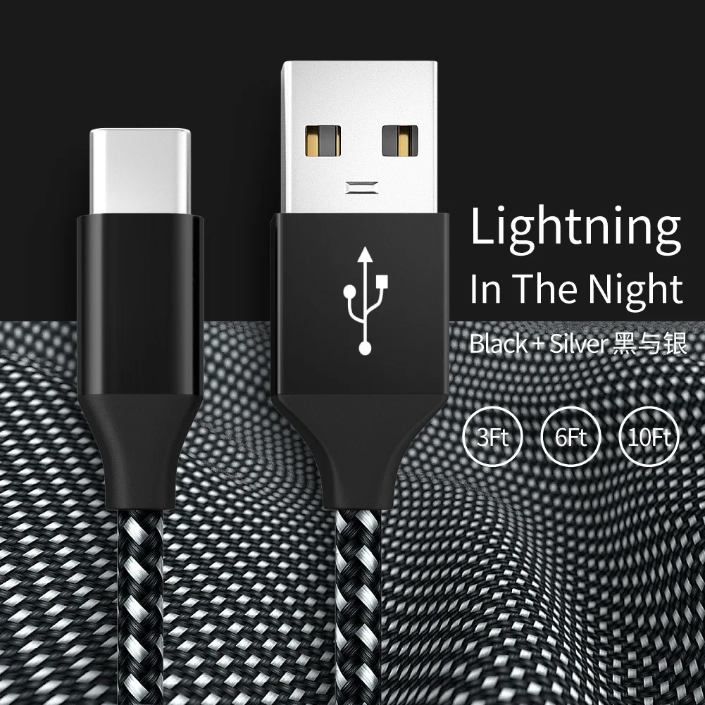 

Android data cable mobile phone type-C fast charging cable USB black and White Nylon Braided 3A charger cable