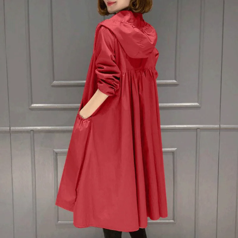 New Autumn Windbreaker Jacket Women Spring Thin Coat Korean Solid Casual Plus Size Coats 4XL Slim Black Hooded Long | Женская одежда