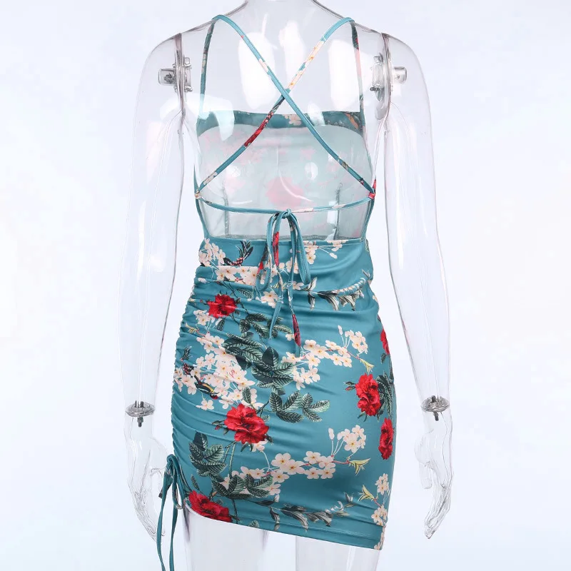 

2020 Fashion Square Neck Sexy Backless Women Mini Cocktail Dress Blue Flower Print Vintage Bodycon Dress Vestidos De Cctel