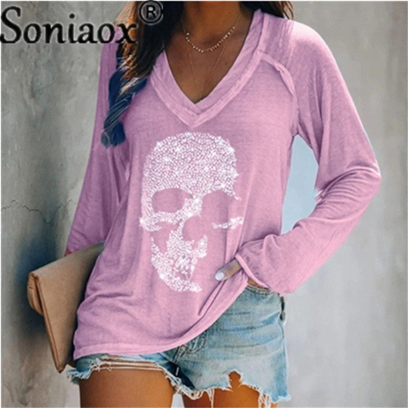 Женская футболка с принтом черепа Повседневная Свободная V-образным вырезом и